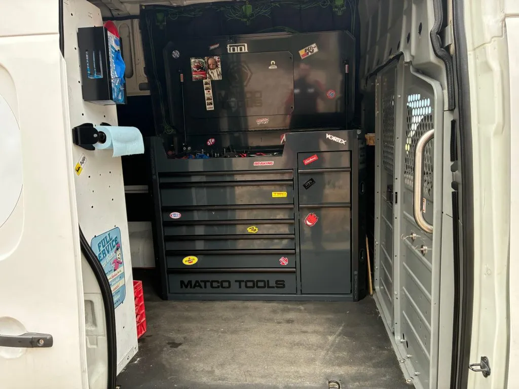Inside the service van: a full-size Matco tool chest stocked and strapped in